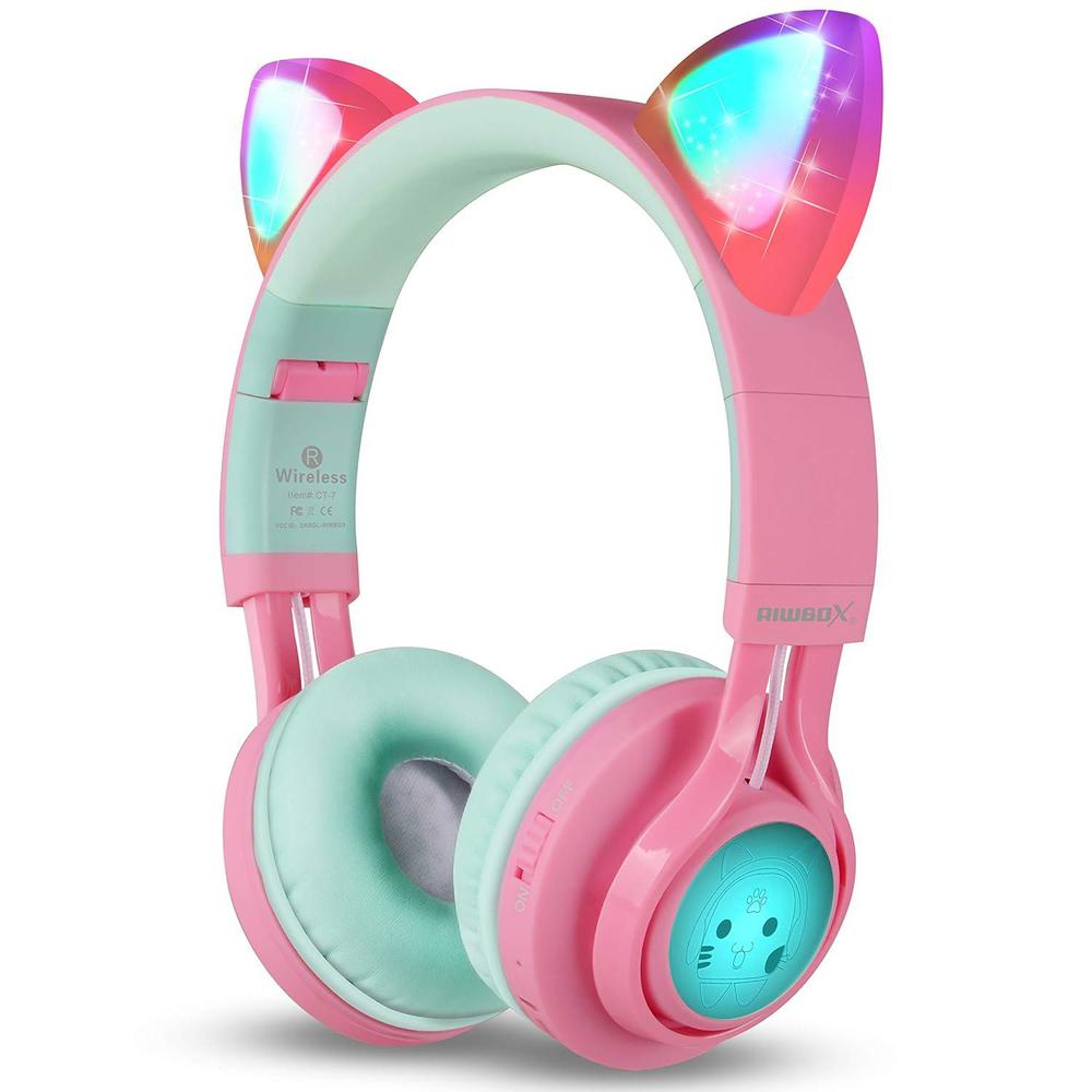 riwbox ct-7 cat ear bluetooth headphones, led light up bluetooth wireless over ear headphones with microphone and volume cont