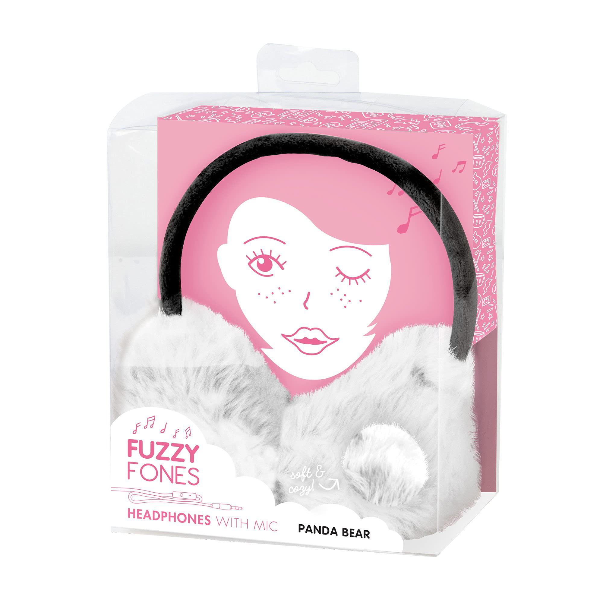fuzzy fones kawaii wired headphone earmuffs with microphone, panda bear (black and white)