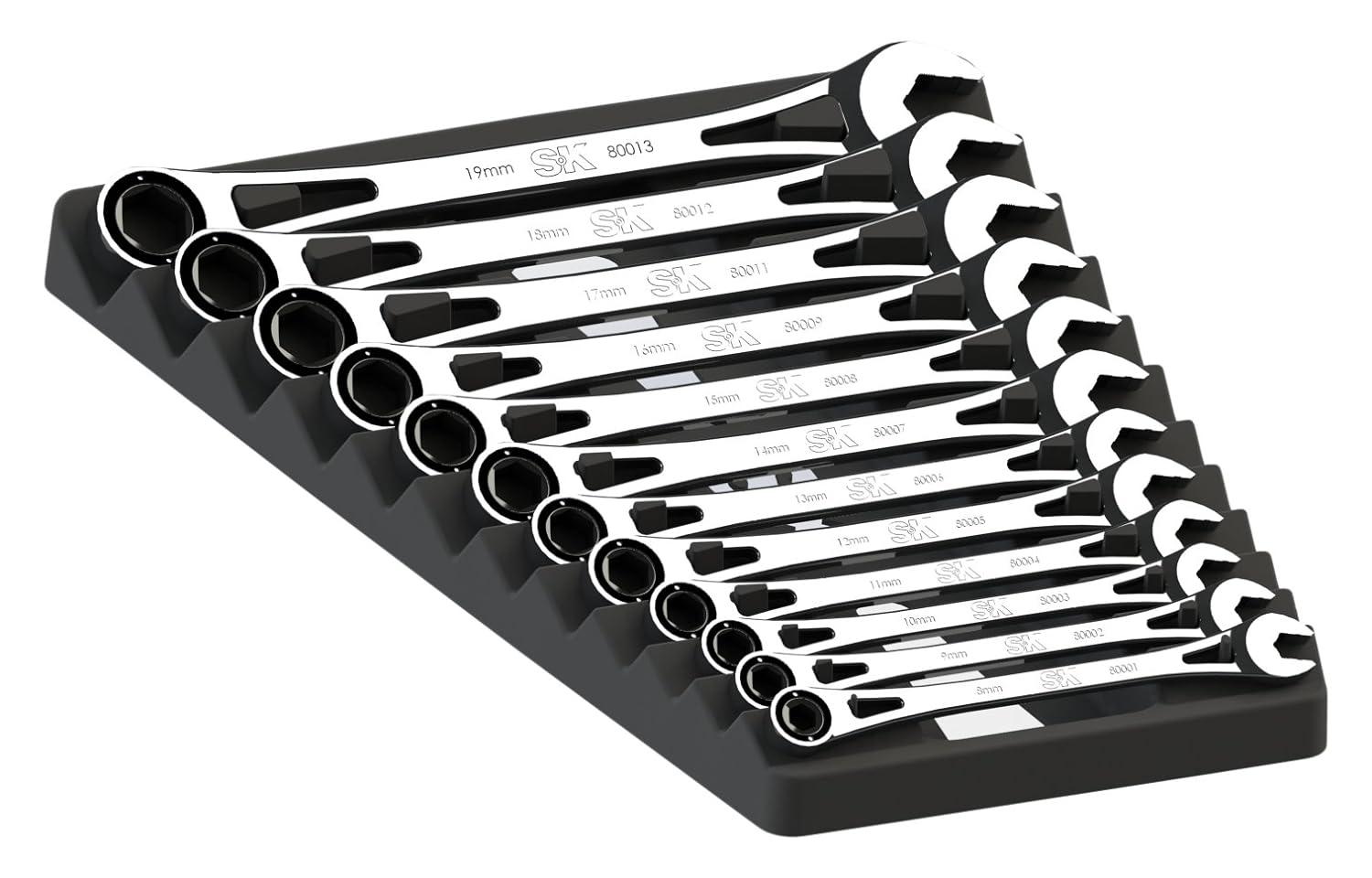 sk tools usa, llc, 80019, ratcheting wrenches, chrome steel ratcheting wrench set, 8 to 19mm, superkrome finish, 12 piece