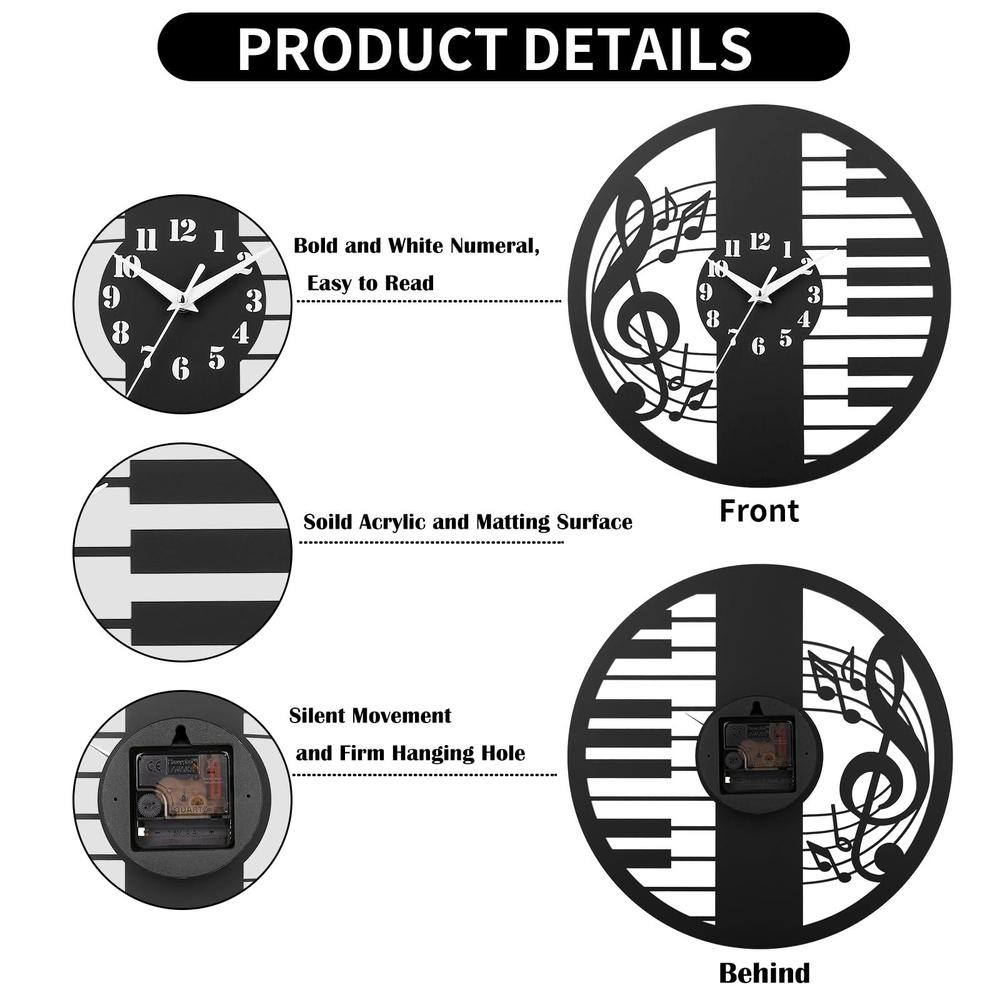 Music Note Dial cigera 12 inch music wall clocks with musical note and piano key dial ...