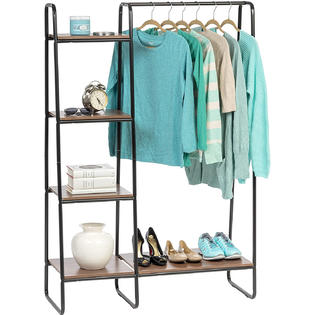 IRIS USA Metal Garment Rack with Wood Shelves Black/Dark