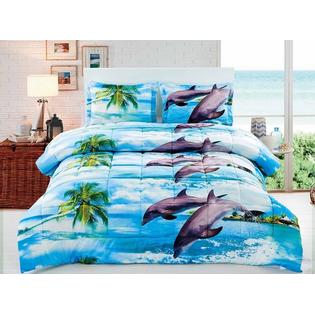 Hig 3d Dolphins King Size 3 Piece Printed Box Stitched Breathable Comforter Set