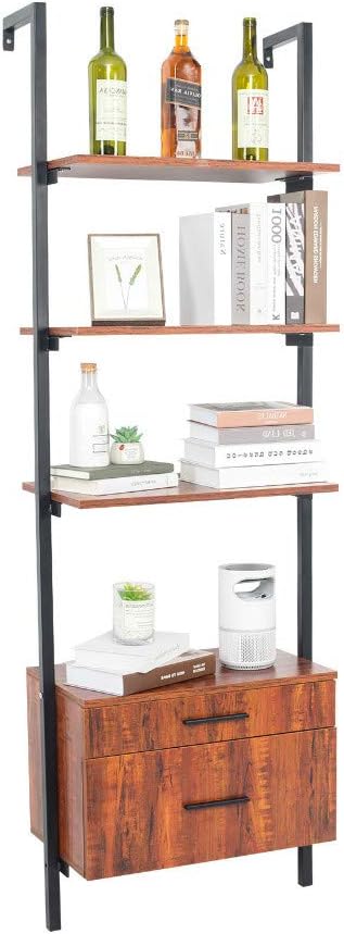 Elecwish Ladder Shelf Wall Mounted, Metal Ladder Bookcase With Drawers