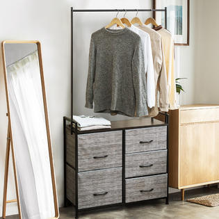 Costway 5 Drawer Fabric Dresser W Hanger Metal Frame Wooden Top
