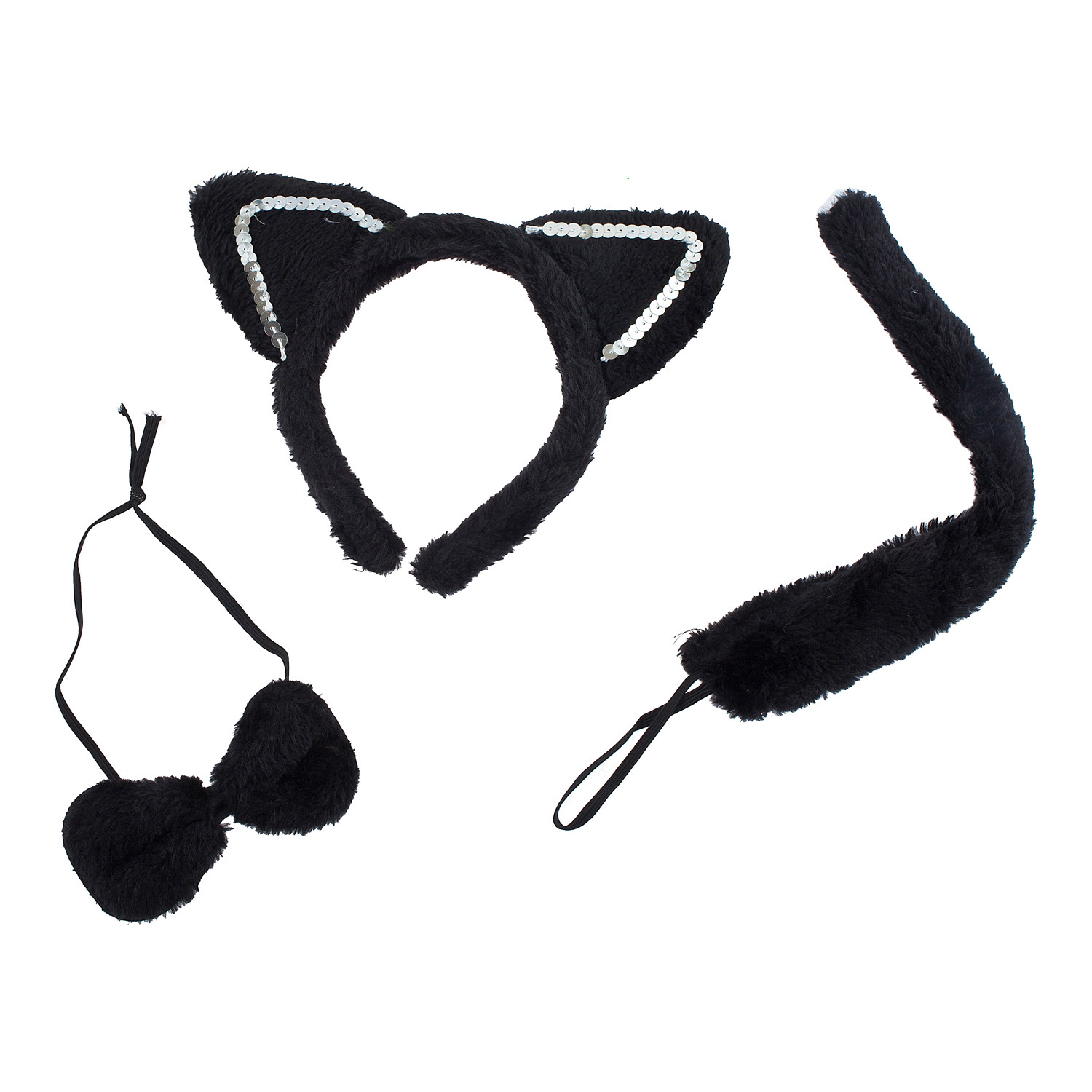 Lux Accessories Black Cat Ears Bow Tie Tail Silvertone Sequins Costume Set