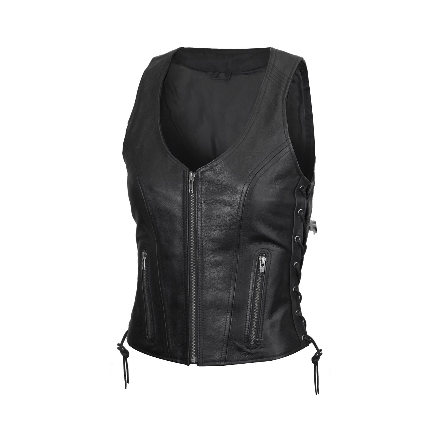 Vance leather Vance Women's Black Lace Side Zipper Pocket Premium Cowhide Leather Biker Motorcycle Vest