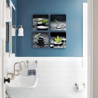 Sumgar Framed Zen Stone Green Leaf Wall Art Picture Canvas Prints Spa Bathroom Decor