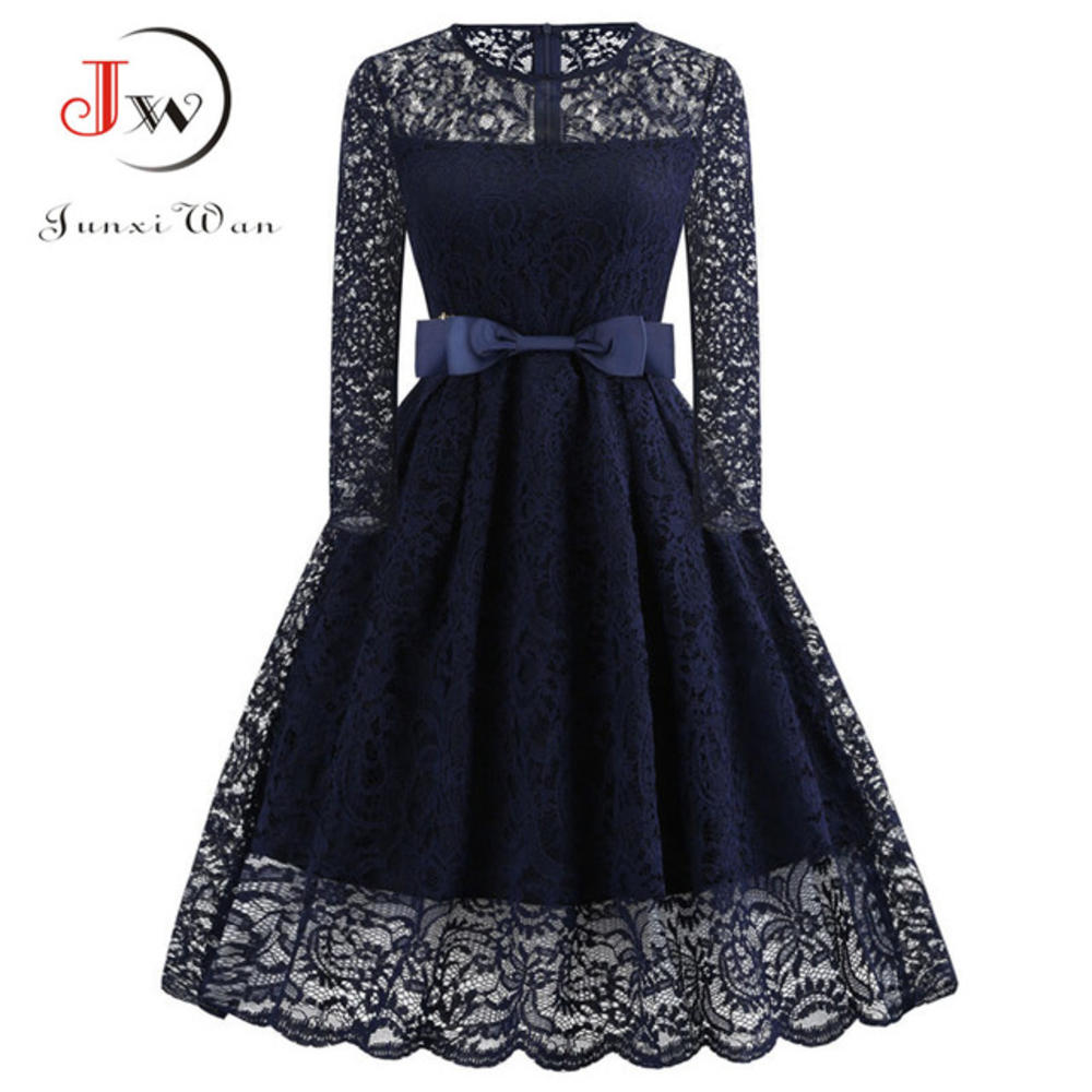 Junxi Wan Women Winter Lace Dress Long Sleeve Sexy Evening Party