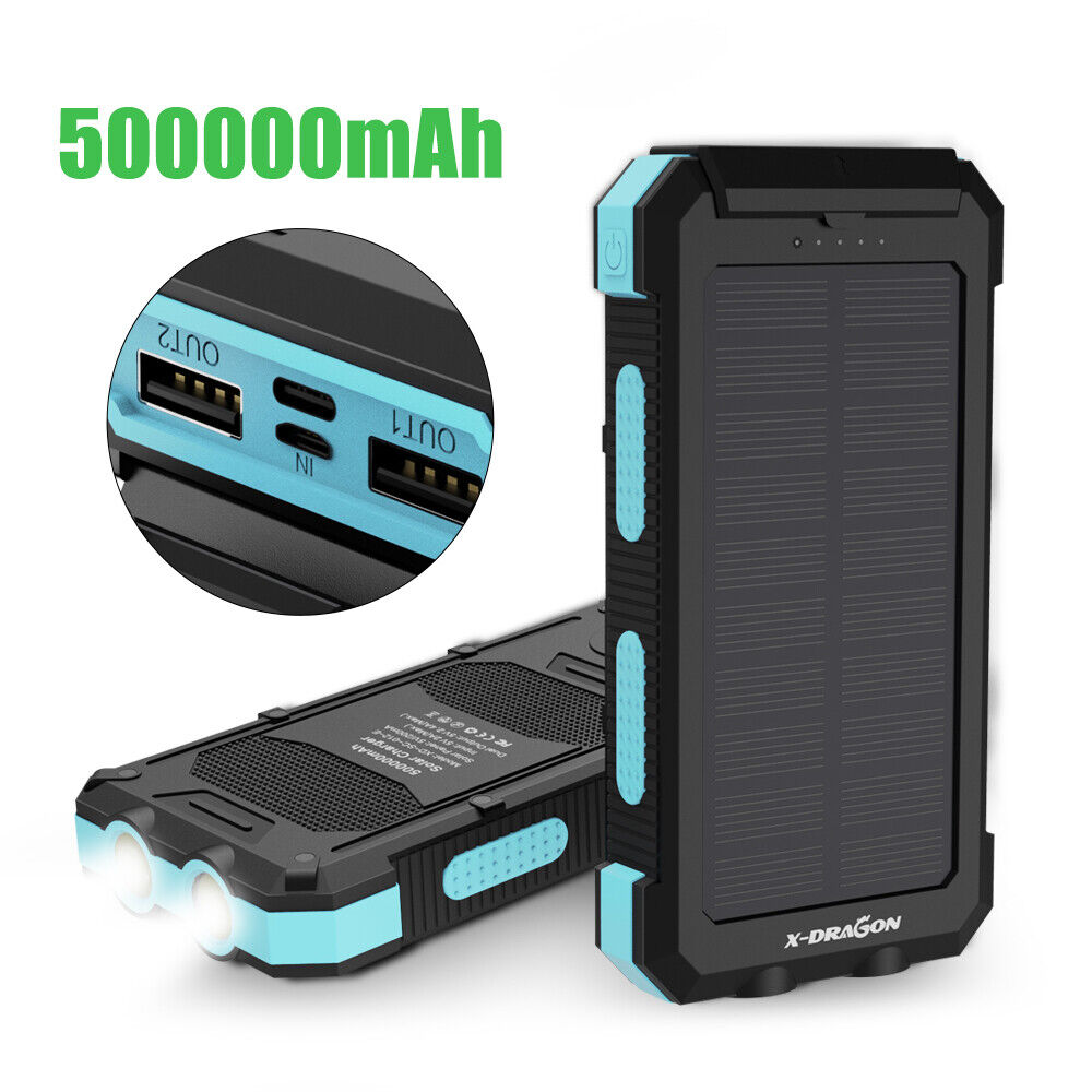 X-DRAGON 500000mAh Solar Power Bank 2 USB LED Type-C Waterproof Portable Battery  Charger