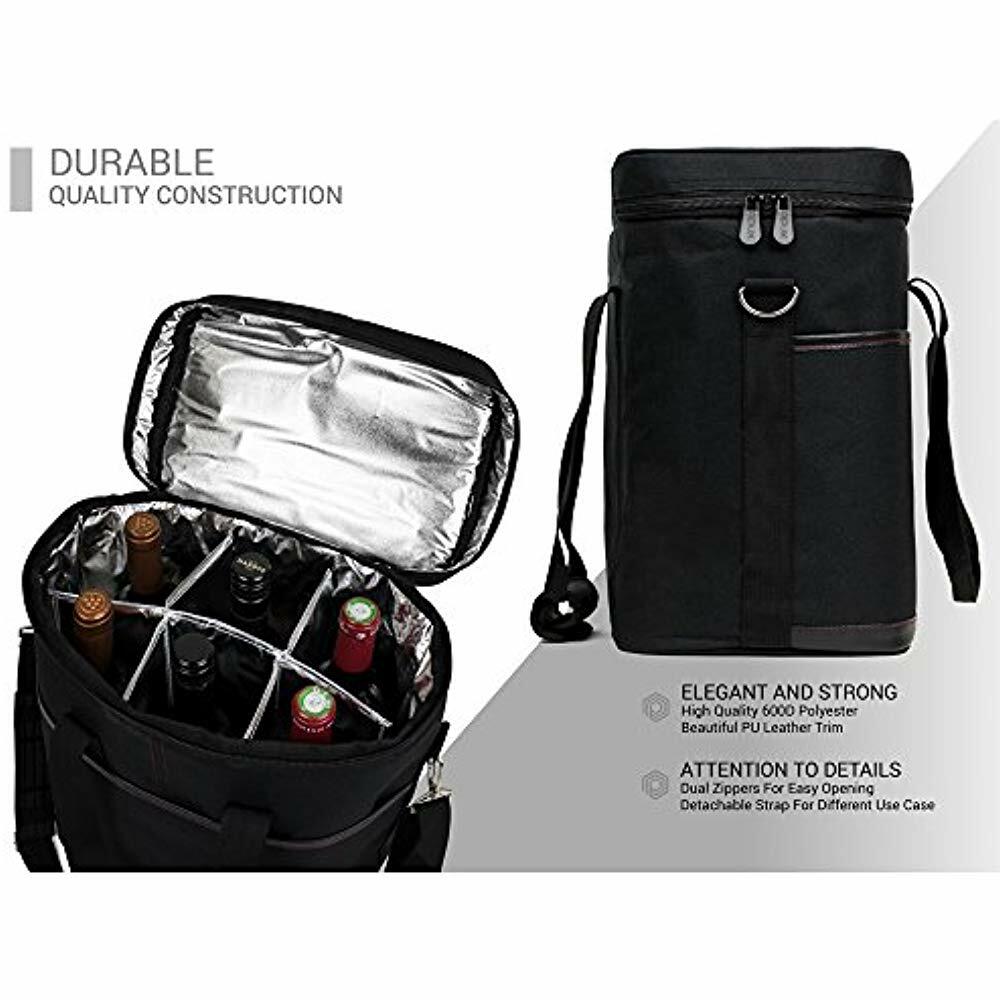Opux Premium Bar Tools Glasses Insulated 6 Bottle Wine Carrier Tote Bag Travel With