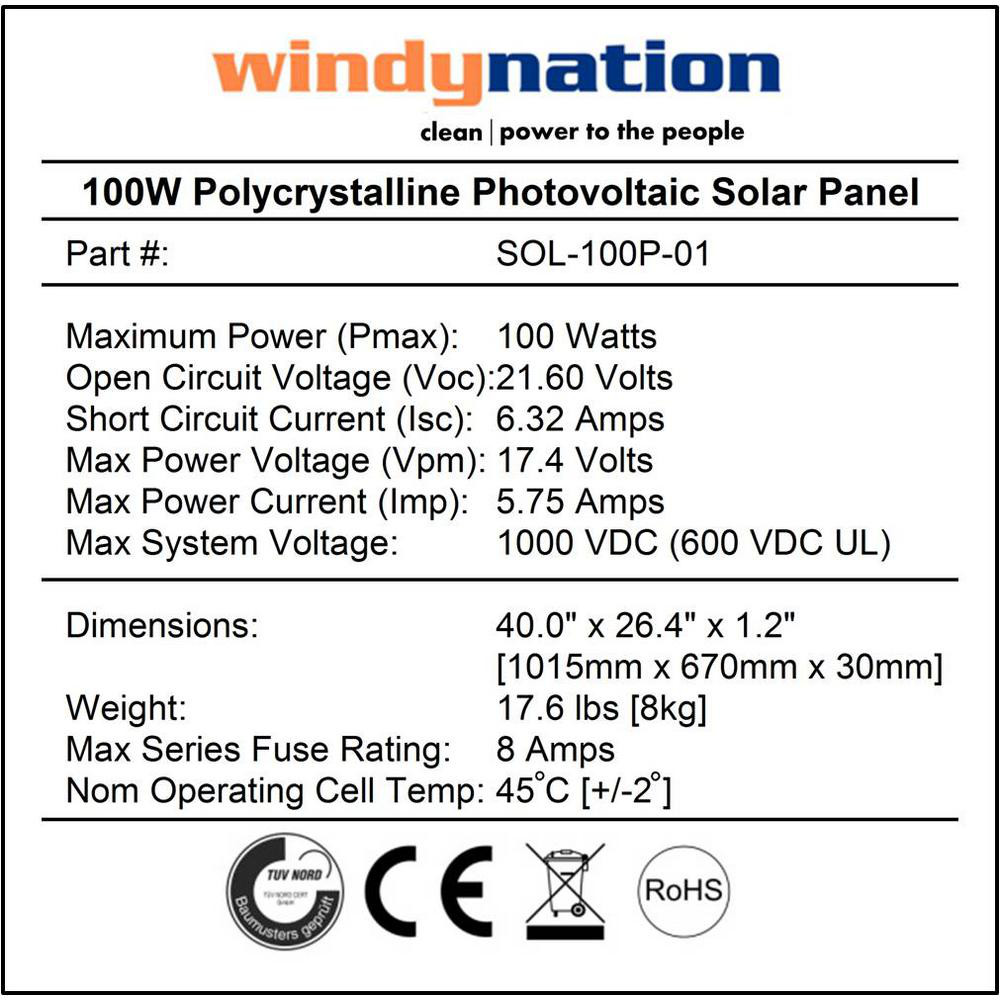 Windynation Solar Panel Off Grid Polycrystalline 100 Watt For