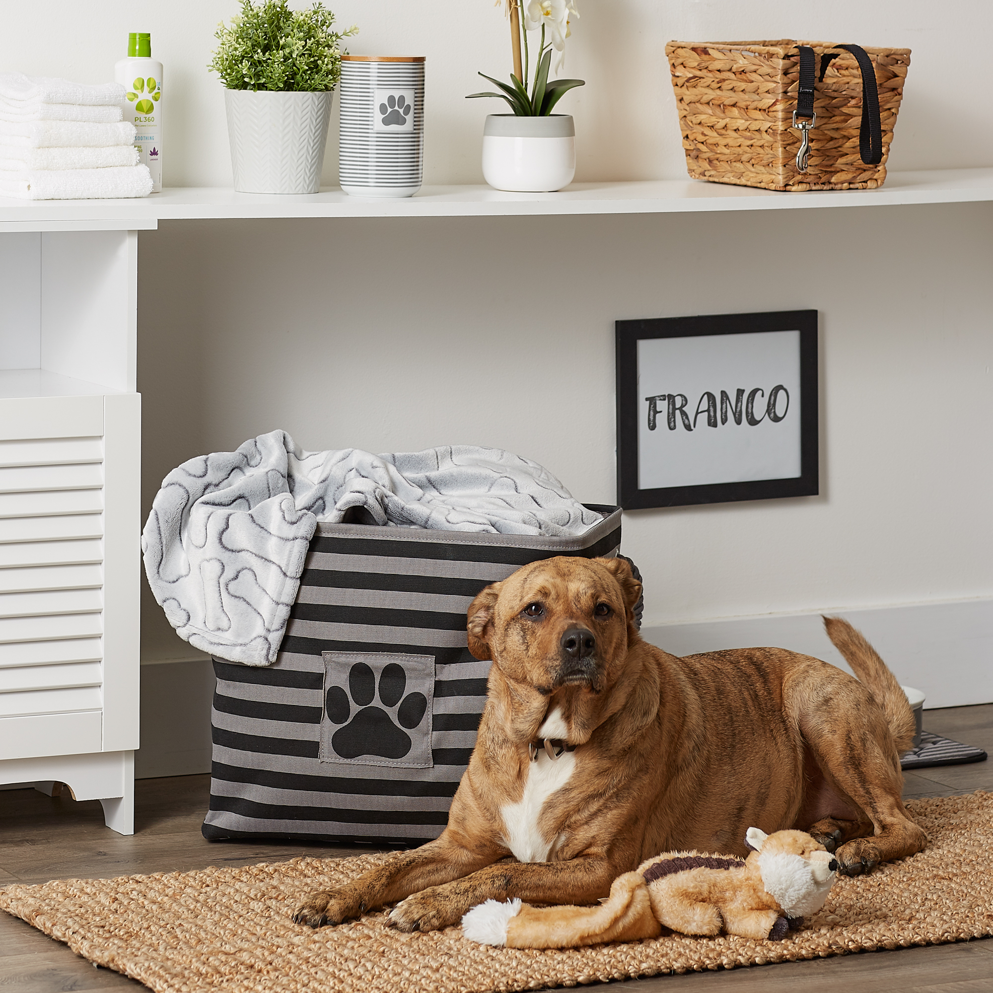 Bone Dry Polyester Pet Bin Stripe With Paw Patch Black Rectangle Large