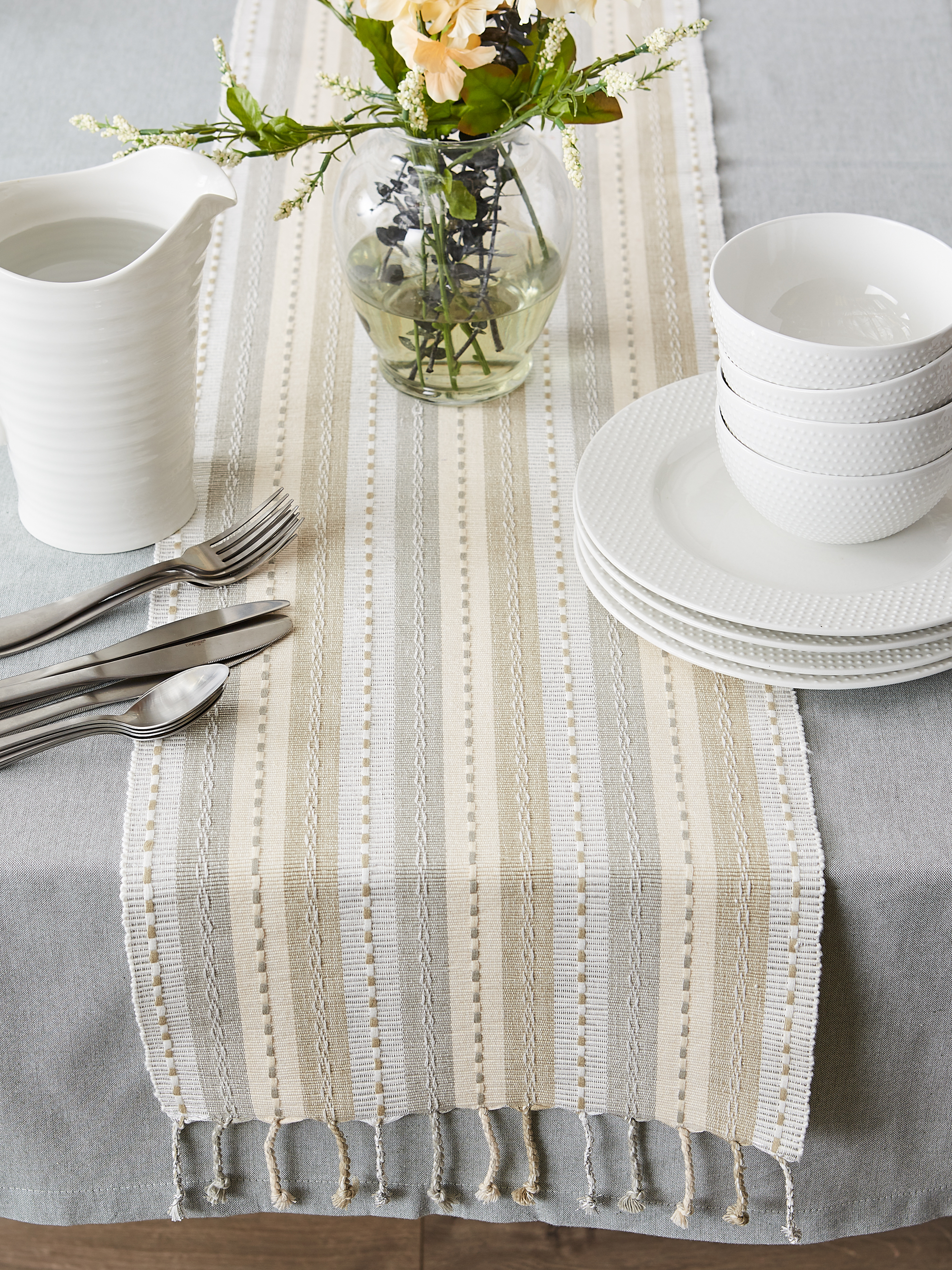 DII Natural Tonal Stripe With Fringe Table Runner