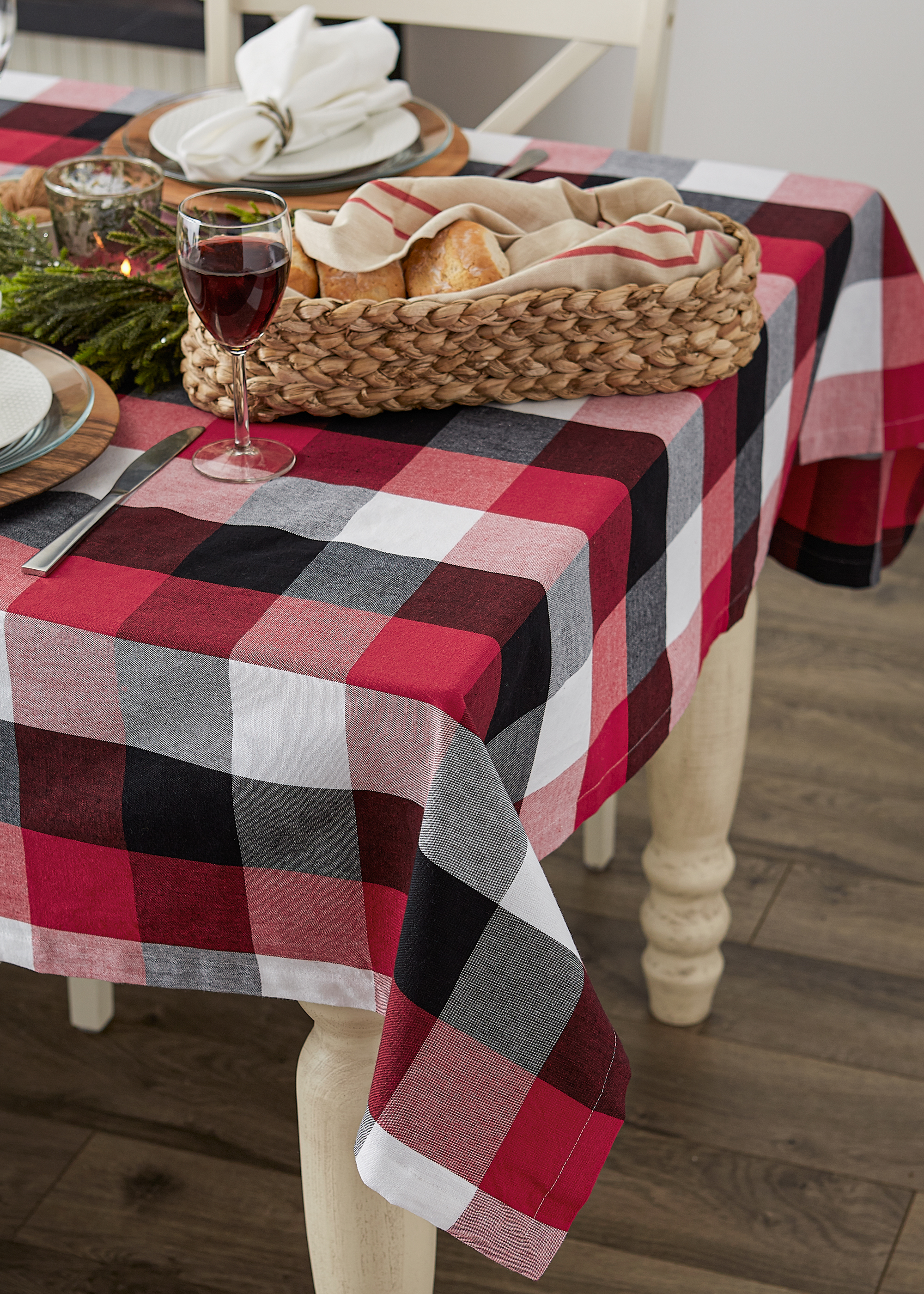DII Cardinal Red Tri Color Check Tablecloth 70 Round