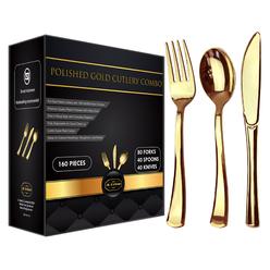 JL Prime 160 Heavy Duty Disposable Gold Plastic Cutlery Set for Party & Wedding