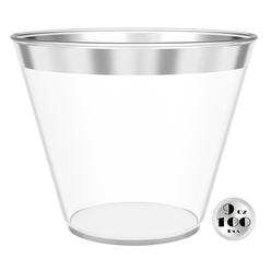 JL Prime 100 Disposable Silver Rim 9oz Clear Plastic Cups for Party & Wedding