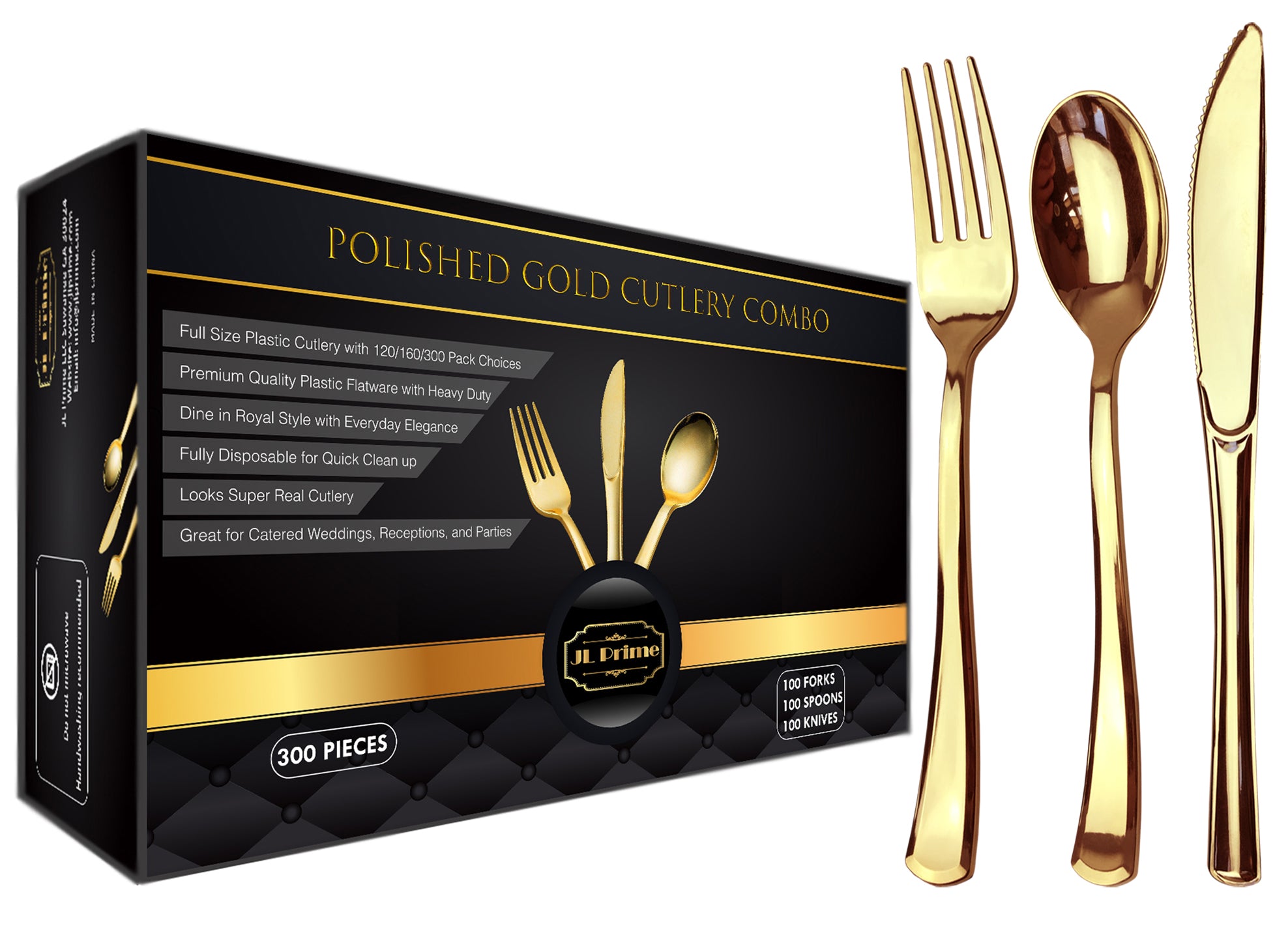 JL Prime 300 Heavy Duty Disposable Gold Plastic Cutlery Set for Party & Wedding