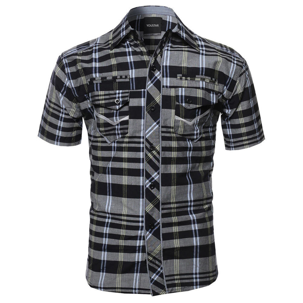 FashionOutfit Men's Casual Short Sleeve Cotton Plaid Checkered Button ...