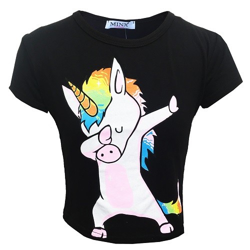 Minx New Girls Kids Dabbing Unicorn T Shirt Crop Top Pink Black