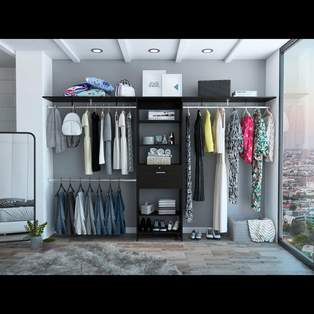 TUHOME Plego 70"W - 118"W Drawers Closet System  Engineered Wood Closet Systems in  Black Wengue