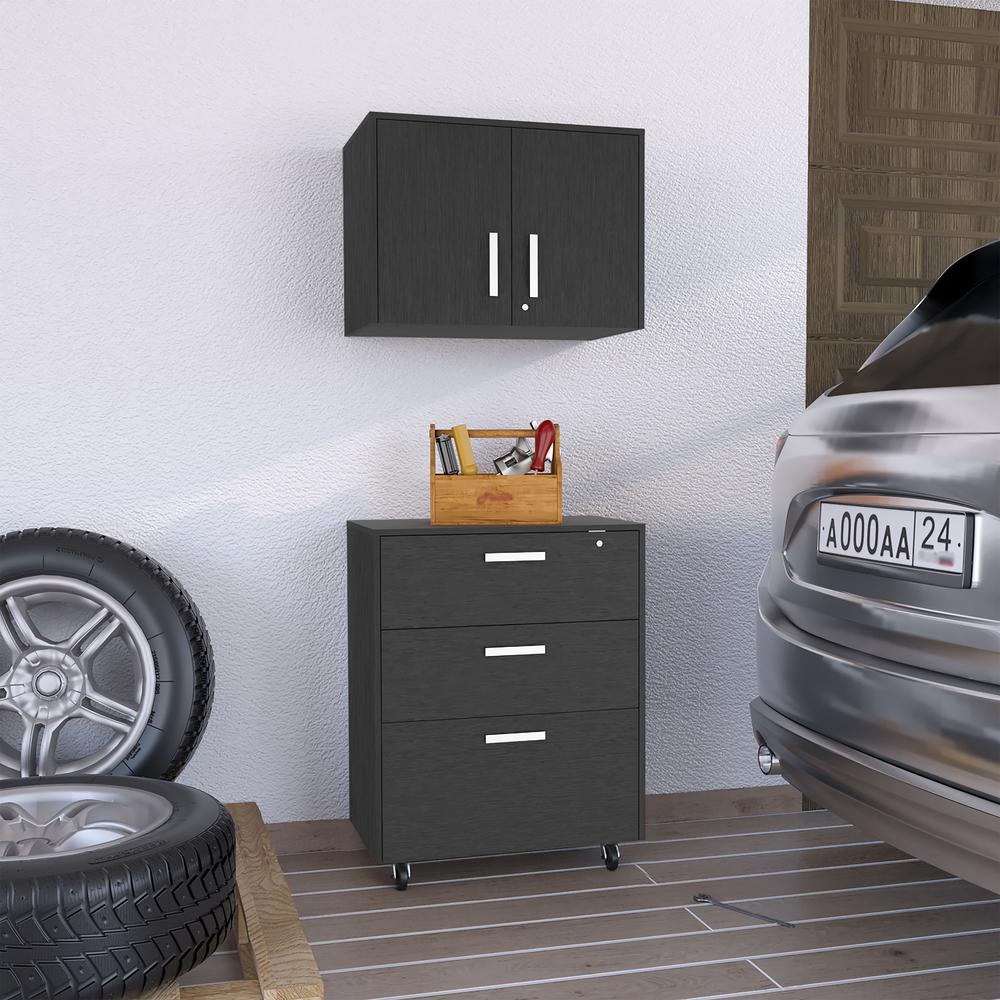 TUHOME Borgata 2 Piece Garage Set, Wall Cabinet +  Drawer Base Cabinet, Black