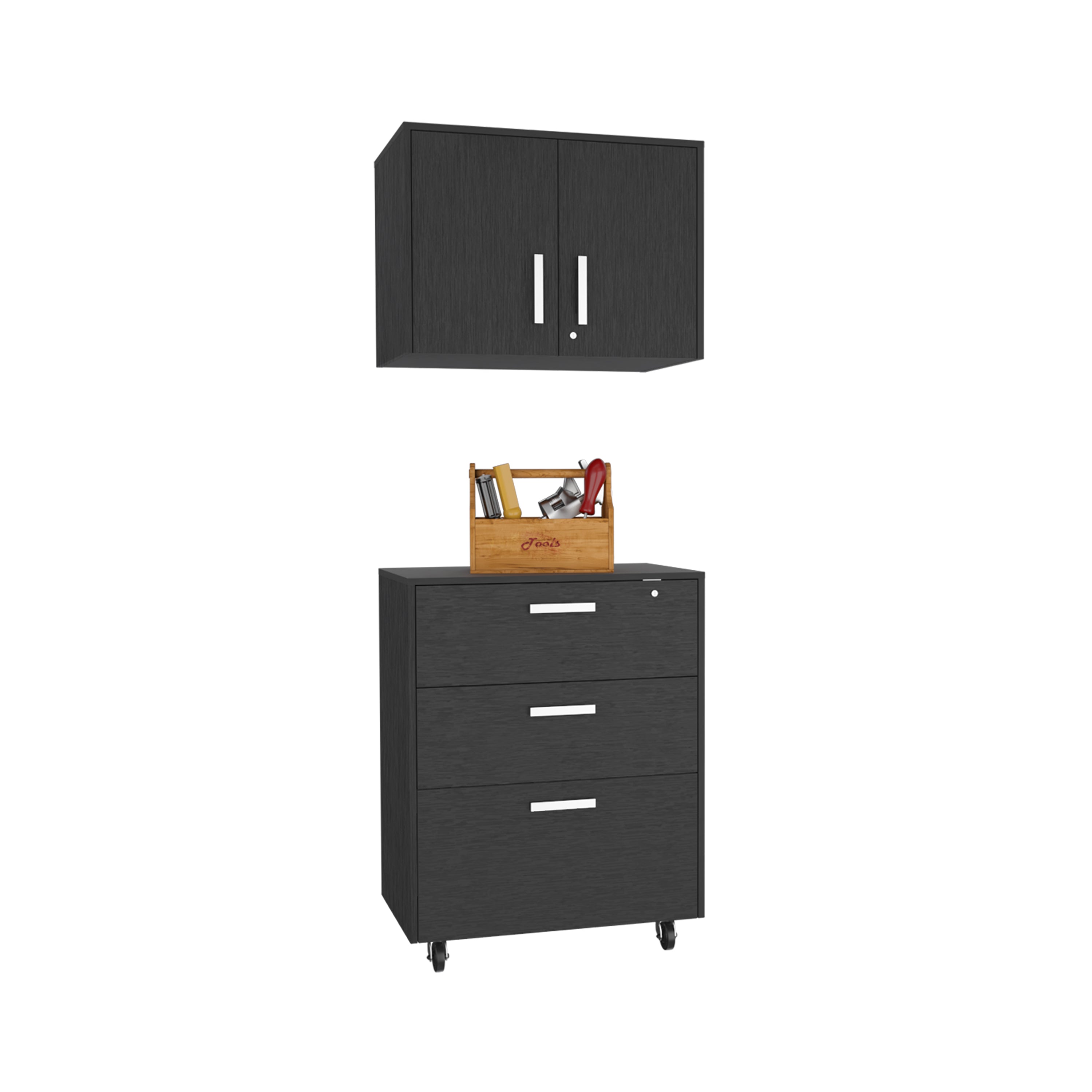 TUHOME Borgata 2 Piece Garage Set, Wall Cabinet +  Drawer Base Cabinet, Black