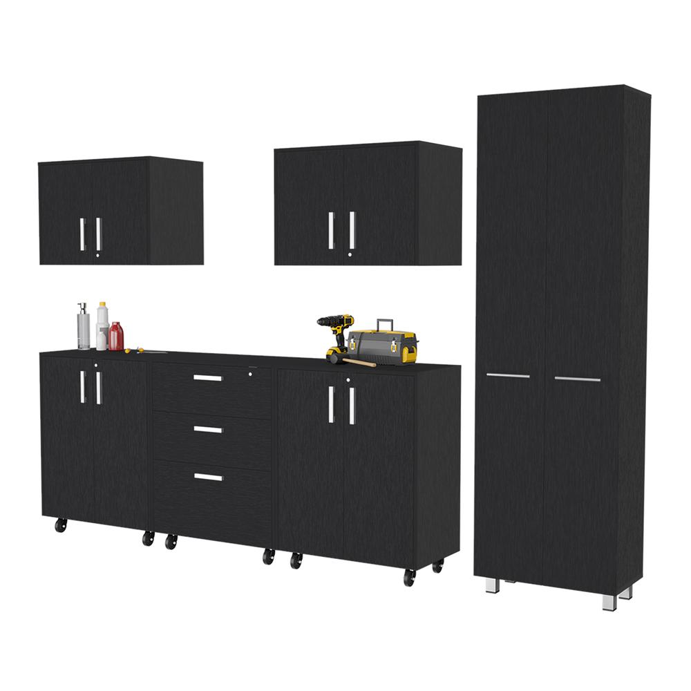 TUHOME Lima 6 Piece Garage Set, 2 Wall Cabinets + 2 Storage Cabinets + Drawer Base Cabinet + Pantry Cabinet, Black