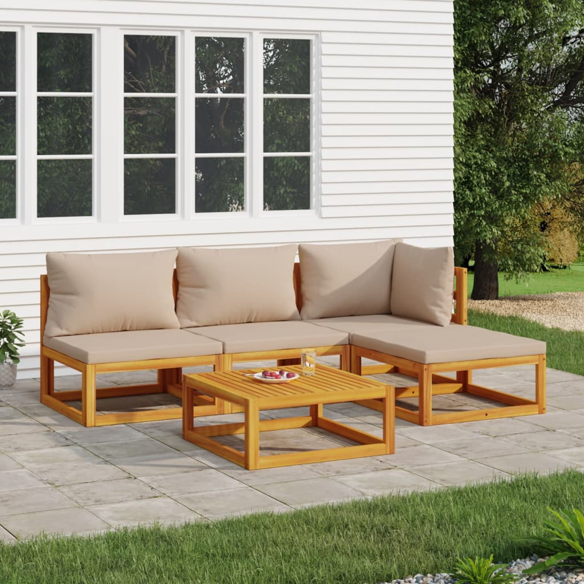 vidaXL 5 Piece Patio Lounge Set with Taupe Cushions Solid Wood