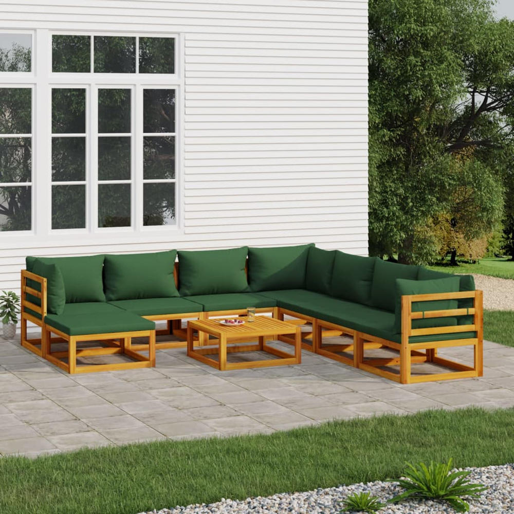 vidaXL 9 Piece Patio Lounge Set with Green Cushions Solid Wood