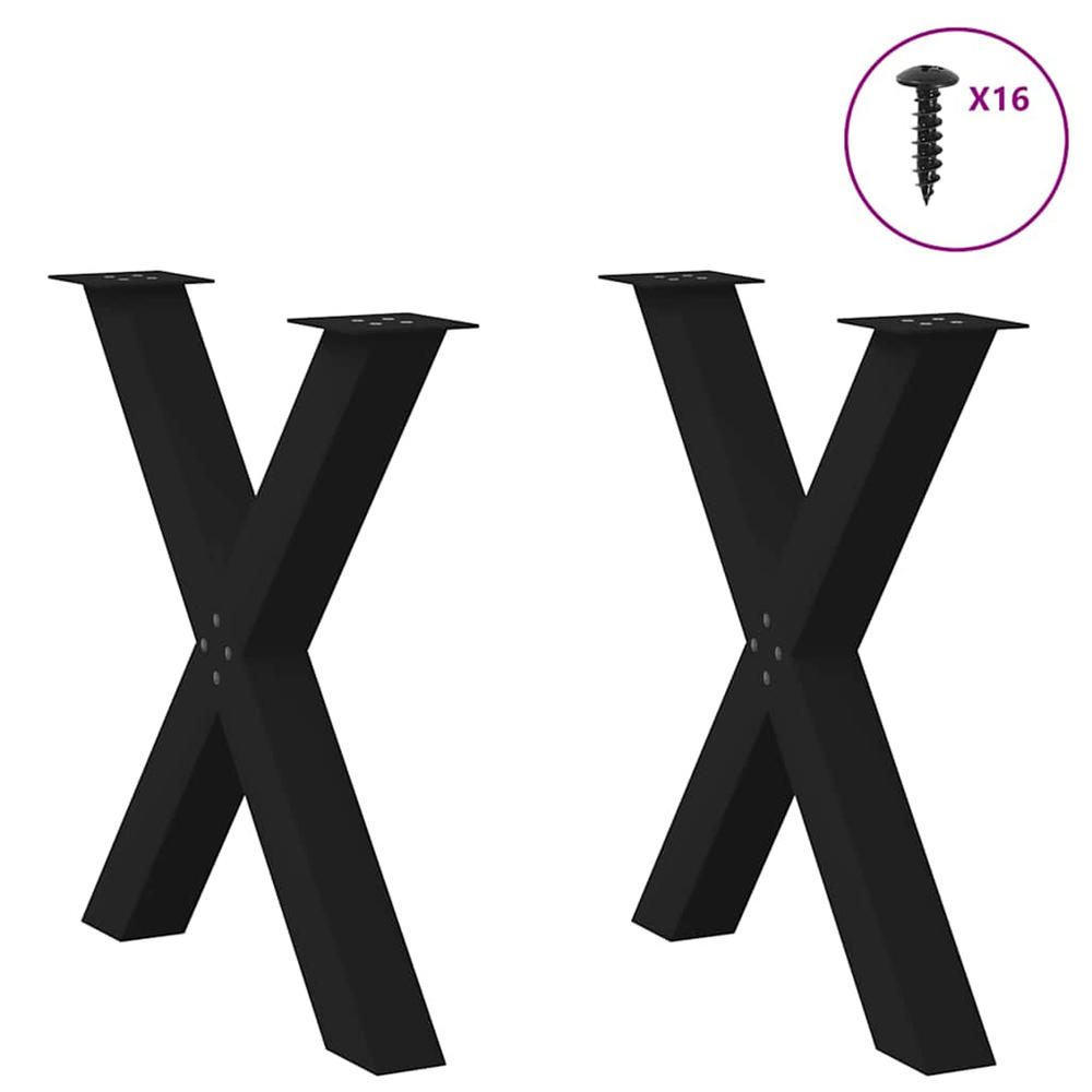 Single black X-shaped table leg with top plate and mounting hardware