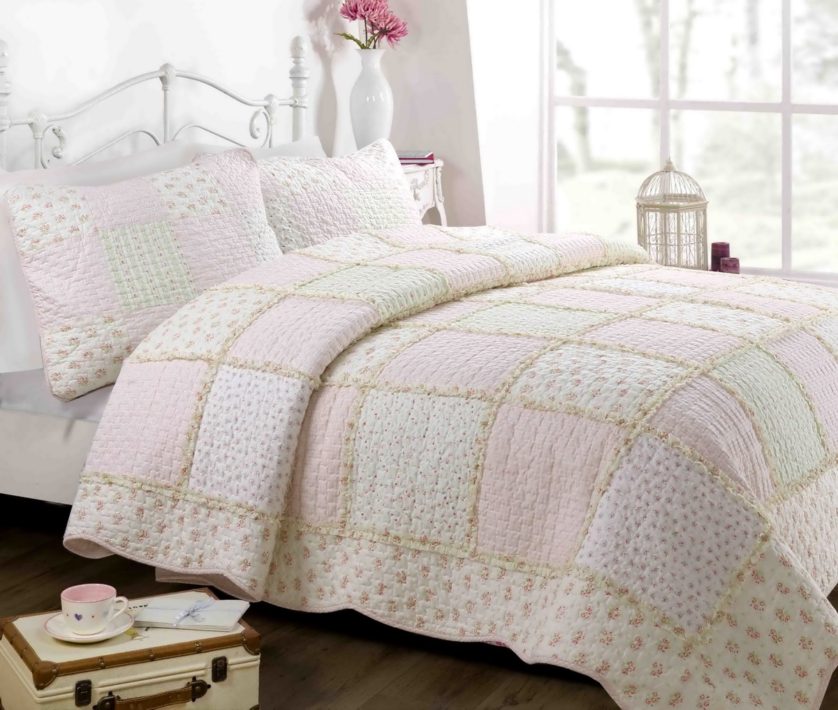 GEORGE & JIMMY Fairtable Bedroom 100% Hypoallergenic cotton 3 piece Floral patchwork Quilt Set Bedroom Quilt Bedding Queen Size Pink