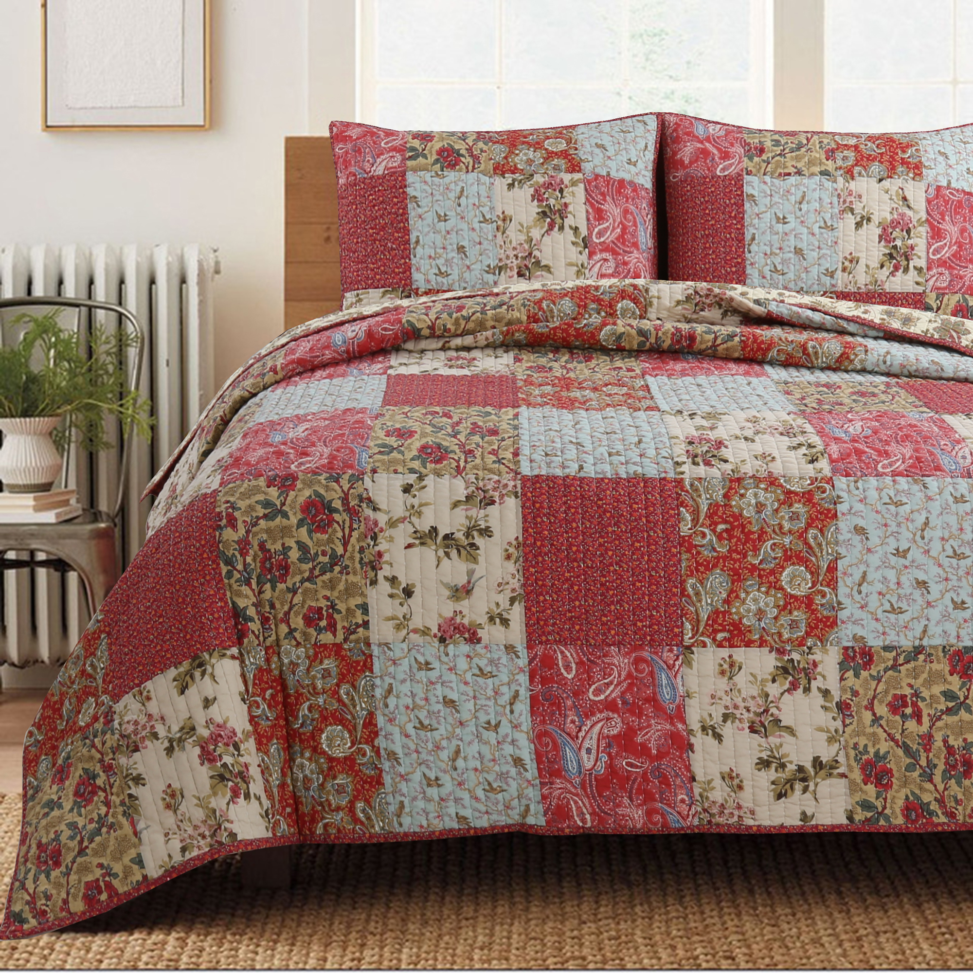 GEORGE & JIMMY Patchwork Quilt Set 3Pcs Reversible Multicolor Bedding Set Bedroom Quilt Bed 100% Cotton King Size