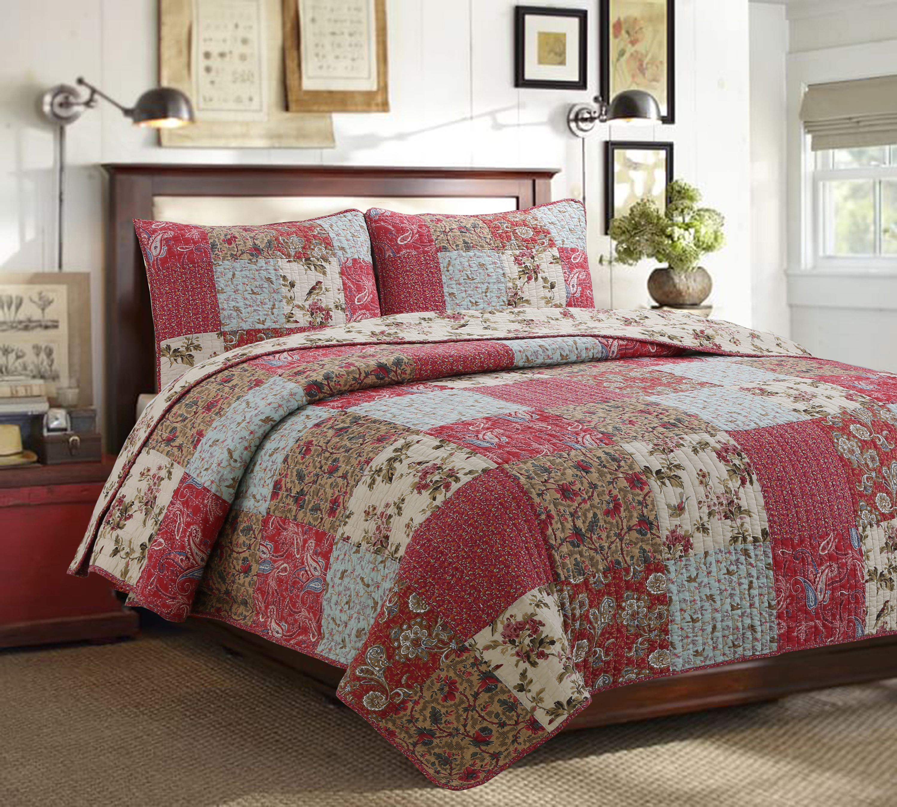 GEORGE & JIMMY Patchwork Quilt Set 3Pcs Reversible Multicolor Bedding Set Bedroom Quilt Bed 100% Cotton King Size