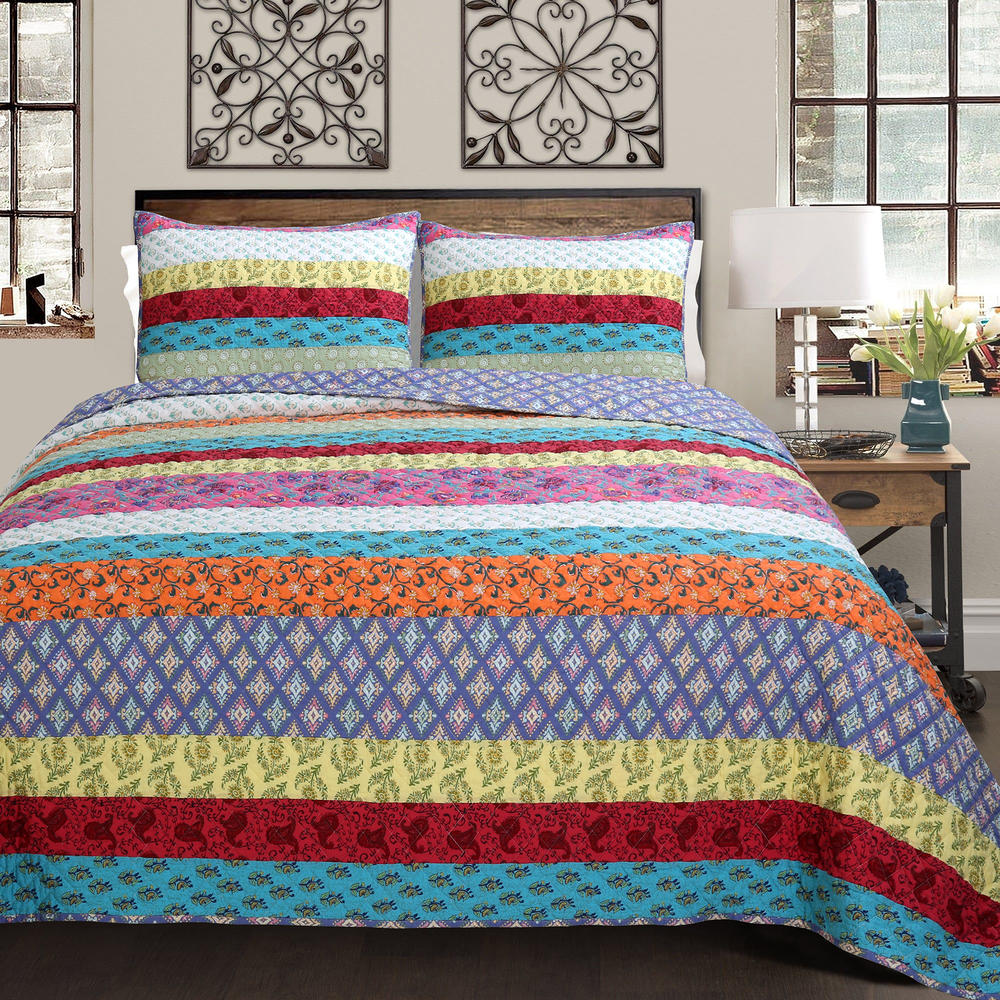 GEORGE & JIMMY Stripe Quilt Set 3Pcs Multicolor Bedding Set Bedroom Quilt Bed 100% Cotton Full/Queen Size