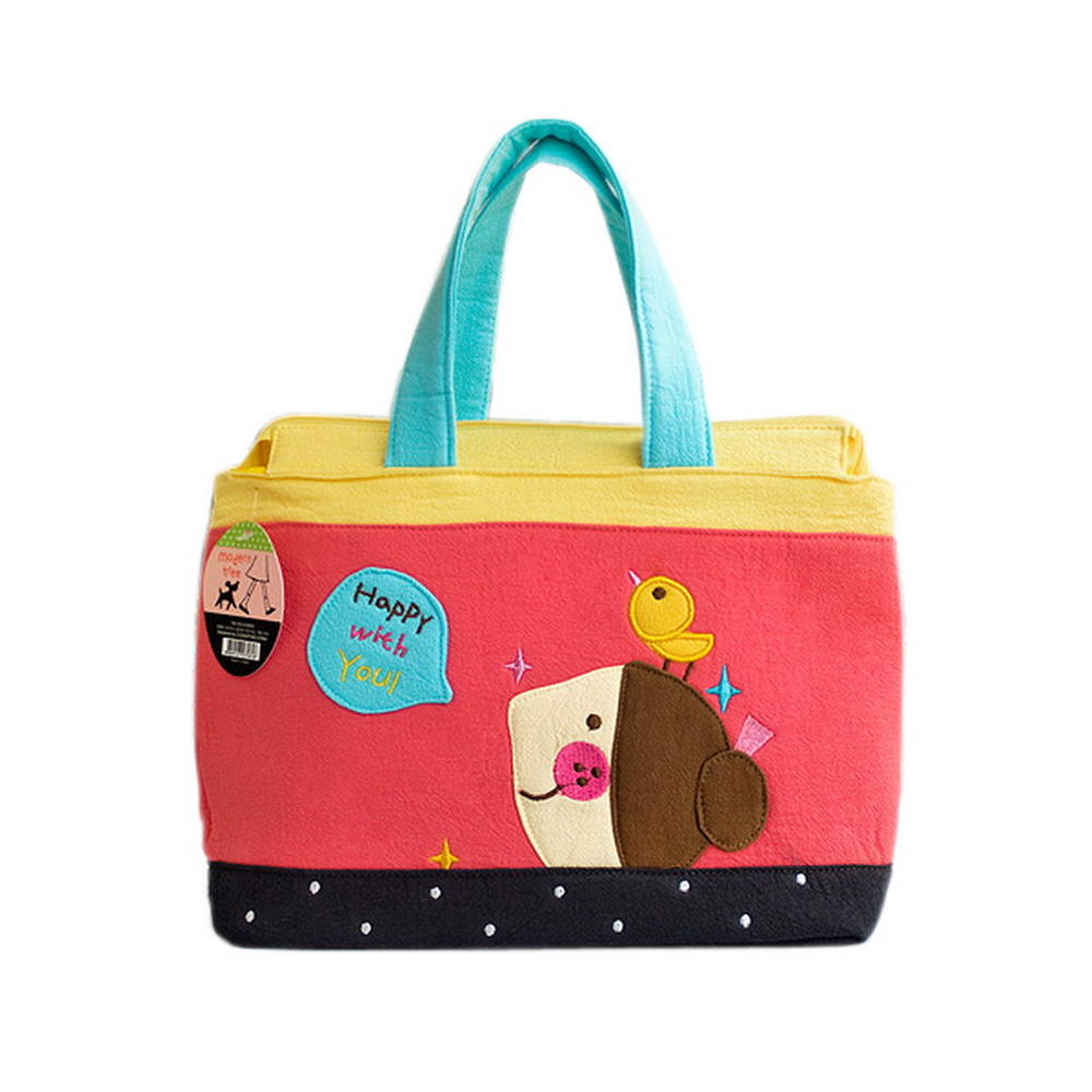 GEORGE & JIMMY [Happy With You] Embroidered Applique Fabric Art Tote Bag / Shopper Bag (9.3*7.2*4.2)