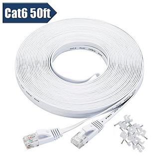 Bxton Cat6 Flat 50ft Cat 6 Ethernet Cable 50 Ft White With Cable Clips Flat Internet Network Cable