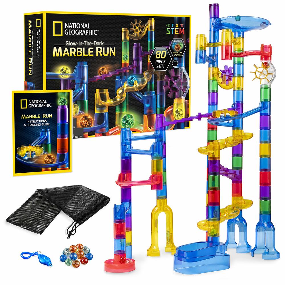 National Geographic Glowing Marble Run – 80 Piece Construction Set with 15 Glow-in-the-Dark Glass Marbles, Mesh Storage Bag and Marble Pouch,