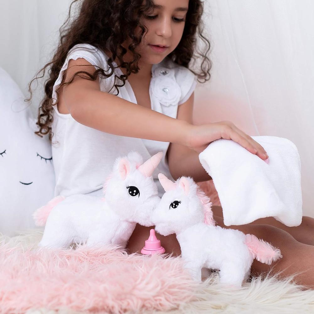 PerfecttoDesign Unicorn Plush Play Set 4 Pcs. Baby and Mommy Unicorns, XL Pink Furry Bag Pet Carrier and Baby Unicorn Blanket. Adorable Plush