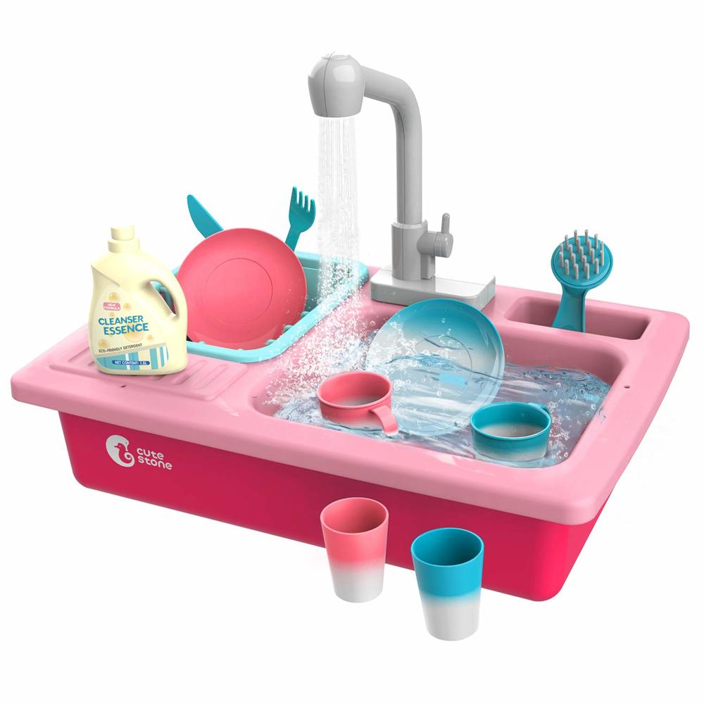 Cute Stone Color Changing Play Kitchen Sink Toys, Children Electric Dishwasher Playing Toy with Running Water,Upgraded Real Faucet and