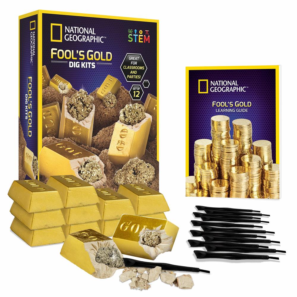 National Geographic Fool’S Dig Kit – 12 Gold bar Dig Bricks with 2-3 Pyrite Specimens Inside, Party Activity with 12 Excavation Tool Sets, Great
