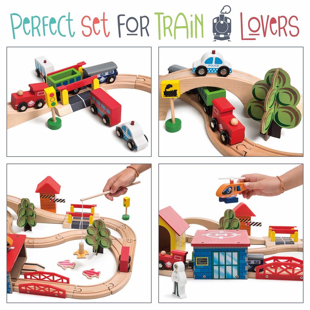 Kipipol Wooden Train Tracks Set for Kids, Toddler Boys and Girls 3, 4, 5 Years Old and Up - 69 Pieces – Premium Wood Construction Toys