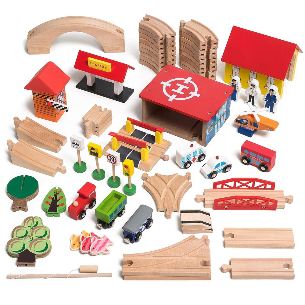 Kipipol Wooden Train Tracks Set for Kids, Toddler Boys and Girls 3, 4, 5 Years Old and Up - 69 Pieces – Premium Wood Construction Toys