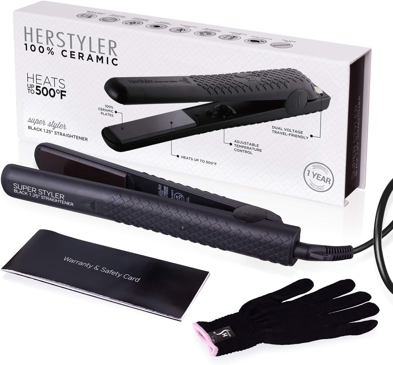 Herstyler Superstyler Ceramic Flat Iron, Ceramic Hair Straightener With Adjustable Temperature, Dual Voltage Flat Iron
