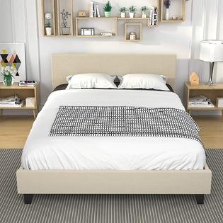 Mecor Queen Size Platform Metal Bed Frame Upholstered Linen Headboard Wood Slats Beige