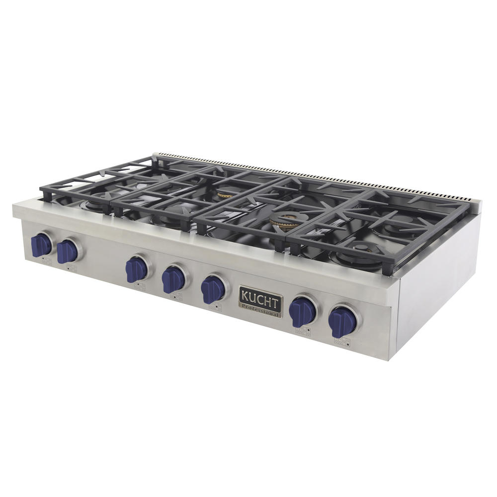 KUCHT Professional 48 in. Natural Gas Range Top with Sealed Burners, in Stainless Steel with Royal Blue Knobs