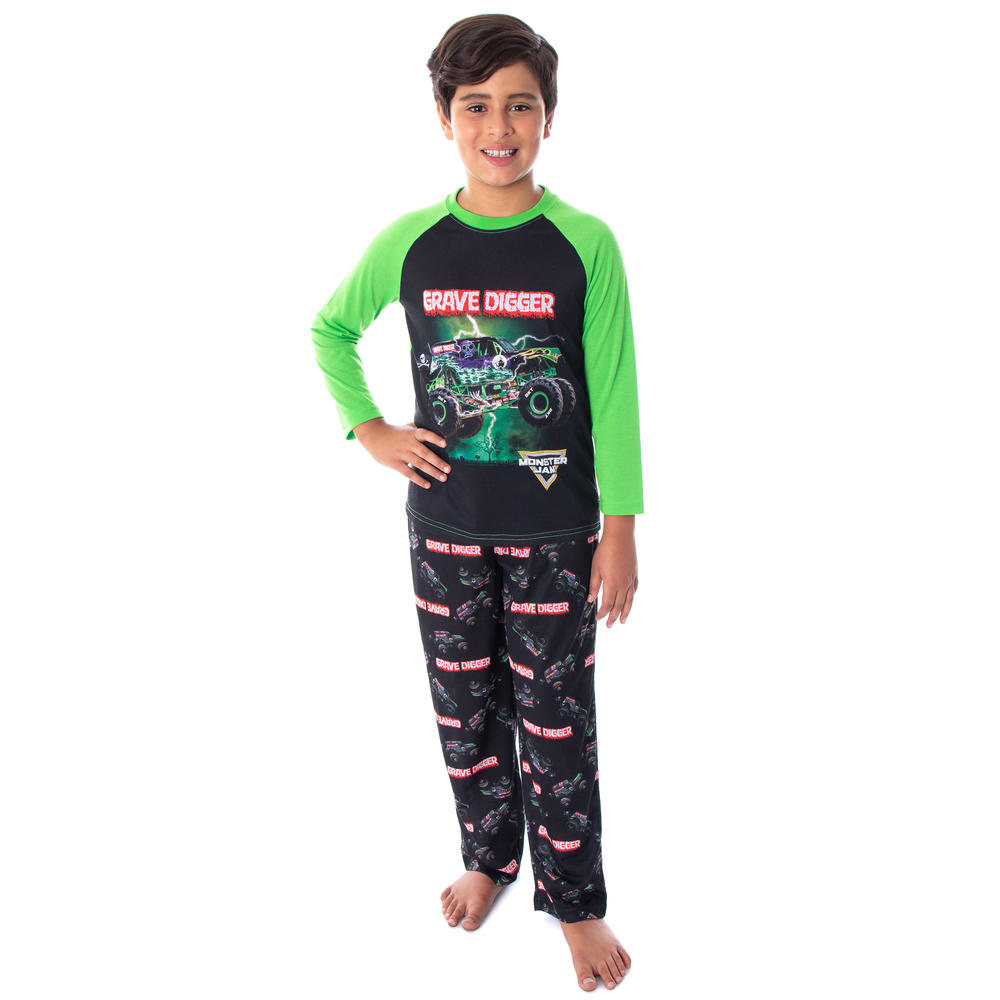 Intimo Monster Jam Boys' Grave Digger Monster Truck Raglan Shirt And Pants 2 Piece Pajama Set