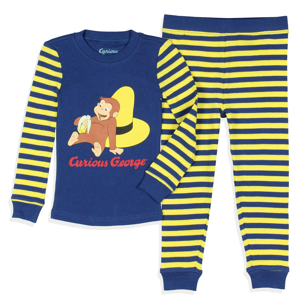 Intimo Curious George Toddler Boys' Tight Fit Character Banana Striped Sleep Pajama Set Long Sleeves Pants