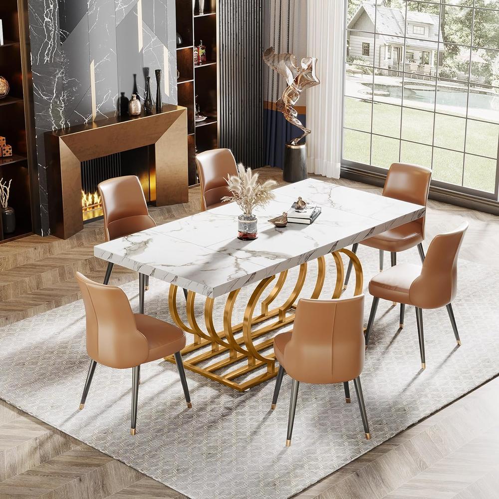 Tribesigns Modern Dining Table, 63 inch Faux Marble Wood Kitchen Table for 6 People, Rectangular Dinner Room Table, White & Gold