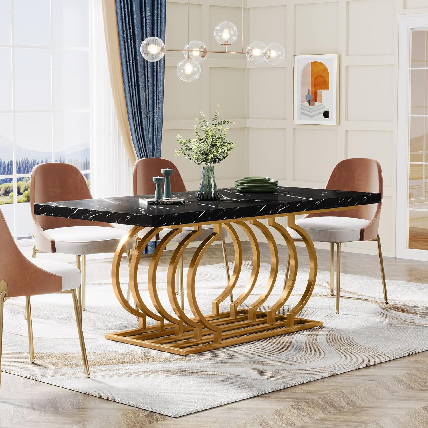 Tribesigns Modern Dining Table, 63 inch Faux Marble Wood Kitchen Table for 6 People, Rectangular Dinner Room Table, Black & Gold