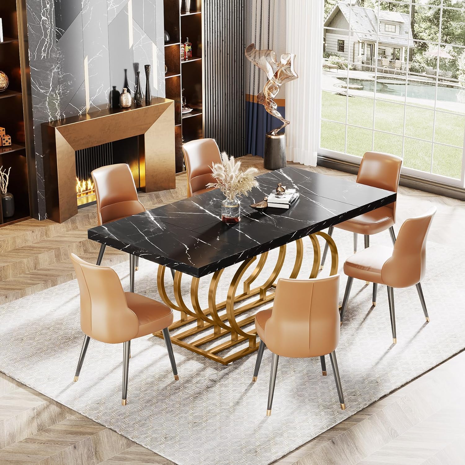 Tribesigns Modern Dining Table, 63 inch Faux Marble Wood Kitchen Table for 6 People, Rectangular Dinner Room Table, Black & Gold